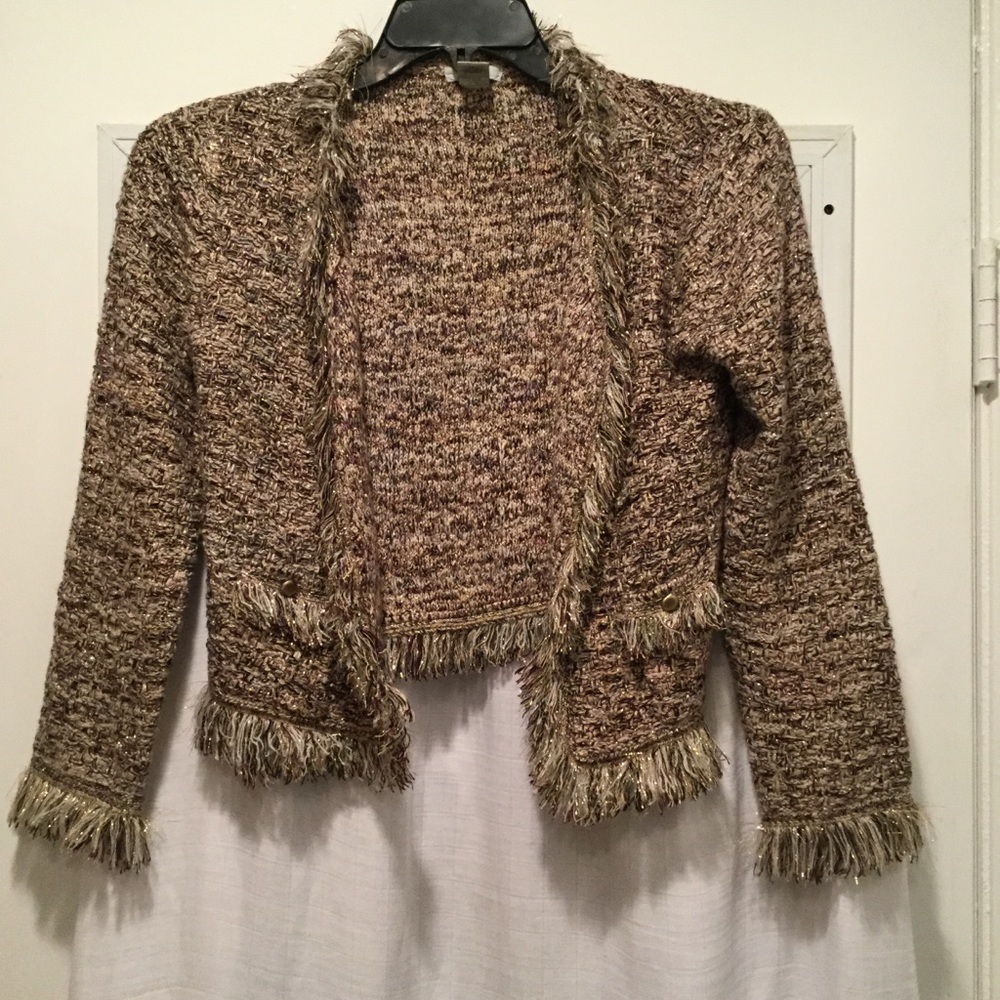 Cache Purple Gold Metallic Fringe Cardigan Size XS